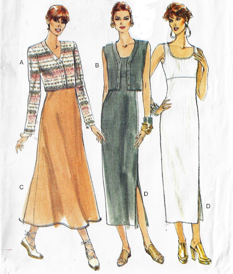 Puede incluir: Un patr&oacute;n de costura con tres estilos de vestidos diferentes. El primer vestido tiene una falda larga y una chaqueta corta estampada. El segundo vestido es un vestido sin mangas con una falda larga y un chaleco corto. El tercer vestido es un vestido blanco sin mangas con una falda larga.