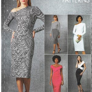 May include: A dressmaking pattern sheet featuring several dress designs. The main dress is a long-sleeved, one-shoulder dress with a black and white paisley pattern. Other dresses include a striped midi dress, a white dress, a pink dress, and a black and white dress.