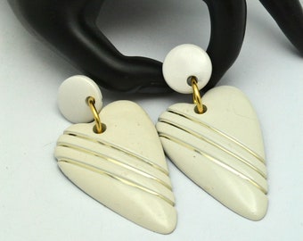 Big Dangling Heart Pierced Earrings Cream Acrylic with Gold Color Ribbon