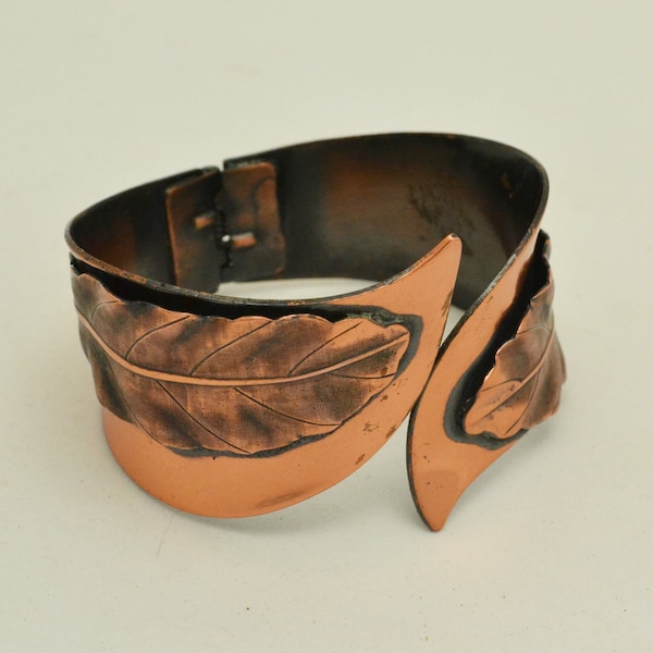 Mid-Century Solid Copper Clamper Bracelet with Leaf Design Unsigned Renoir Wide Copper Cuff Unique Gift for Her