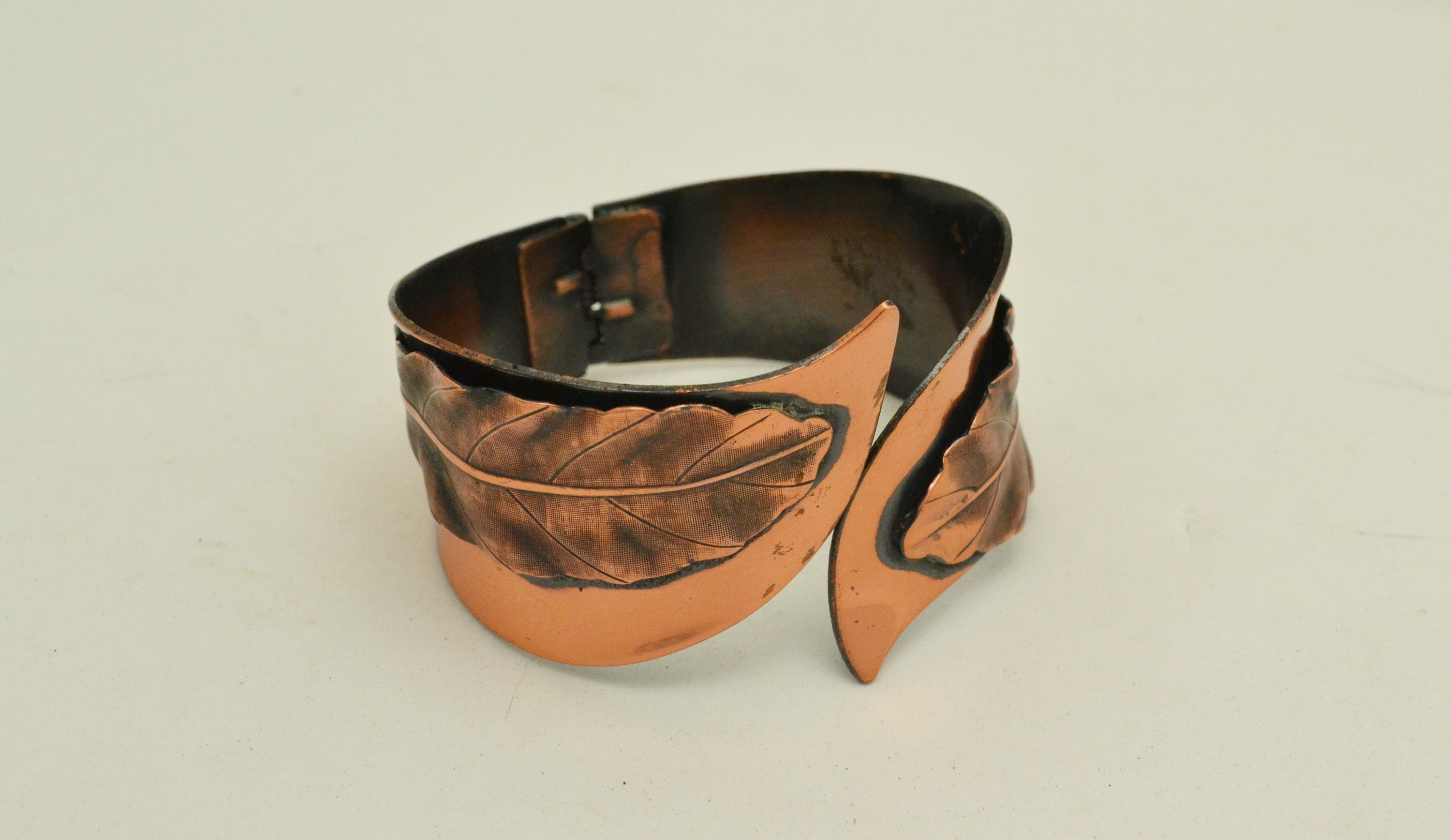 Mid-century Copper Clamper Bracelet, Leaf Design Cuff Unsigned