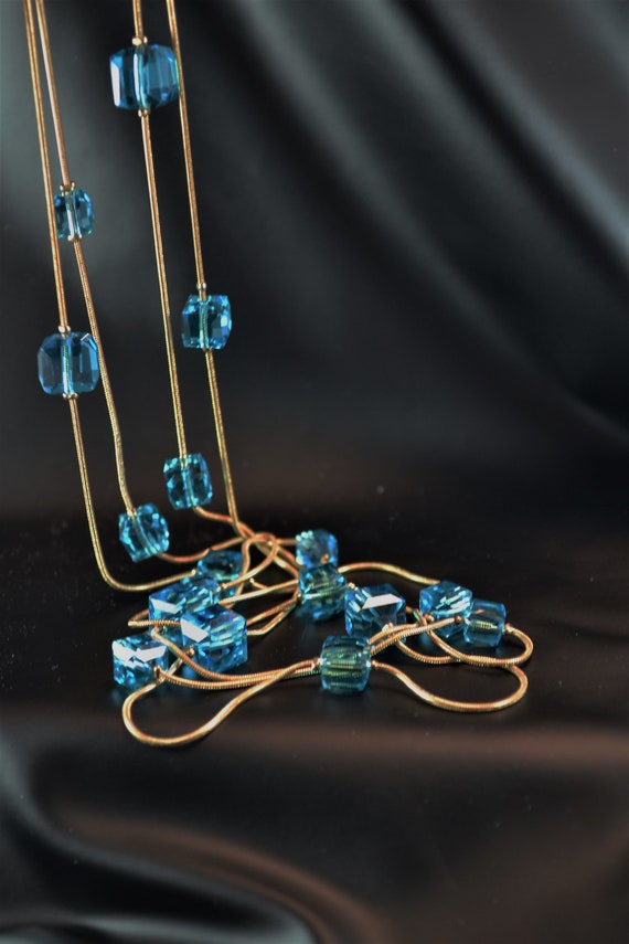 Sparkling Aqua Crystal Cubes and Gold Tone Snake … - image 2