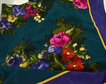 Vintage Bill Blass Womens Scarf Hand Rolled Edges Vibrant Floral Design with Deep Green & Purple Background