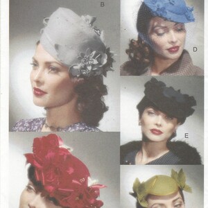 May include: Vogue accessories pattern 7325 featuring various vintage hat designs. The hats are in different colors, including blue, red, and green, and feature decorative elements like flowers and veils. The image includes the text "Vogue Accessories".