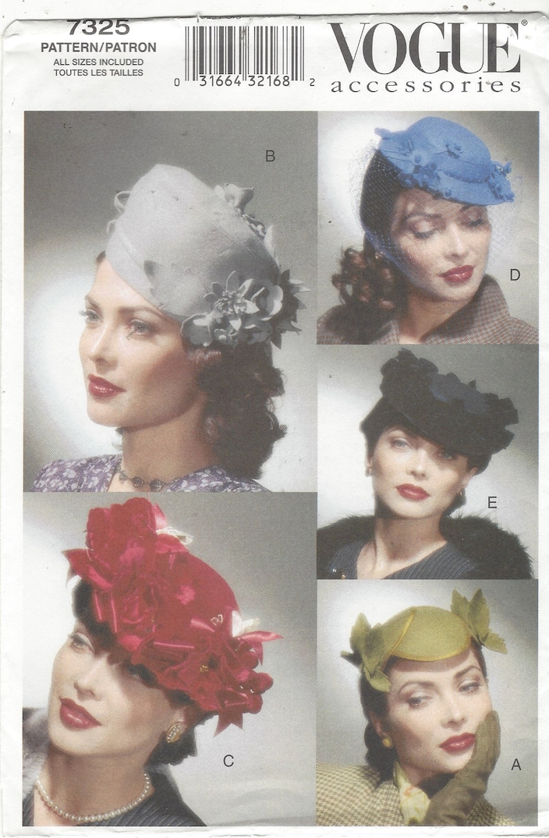 May include: Vogue accessories pattern 7325 featuring various vintage hat designs. The hats are in different colors, including blue, red, and green, and feature decorative elements like flowers and veils. The image includes the text "Vogue Accessories".