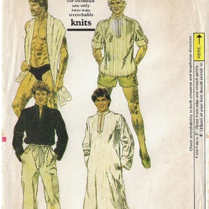 May include: Illustration of four men modeling different clothing styles. The text "for swimsuit use only two-way stretchable knits" is printed on the page.  Check stretchability in both crosswise and lengthwise direction. Fold Fabric 2" (5cm) from edge and stretch gently. 4' (10cm) of your knit should stretch to HERE.