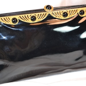 Vintage 50s Black Patent Leather Clutch Purse Faux Onyx & Rhinestones Joseph Shoes Brand