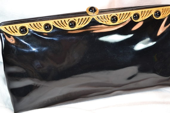 Vintage 50s Black Patent Leather Clutch Purse Fau… - image 1