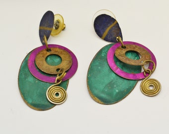 1990s Painted Metal Pierced Earrings Purple and Turquoise Dangling Earrings Boho Gift for Her