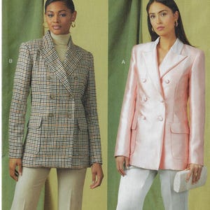 May include: Two women wearing blazers. The blazer on the left is a black and white houndstooth pattern. The blazer on the right is a light pink. Both blazers are double-breasted and have a notched collar.