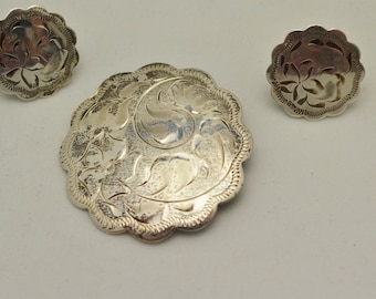 Mid-Century Burkhardt Sterling Silver Brooch & Screw Back Earrings Floral Design Perfect Gift for Her