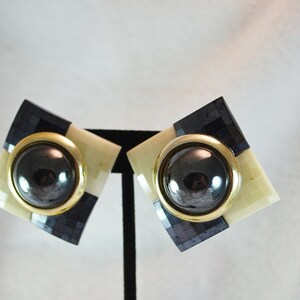 80s Plastic Clip on Earrings Checkerboard Squares of Cream and Black image 3