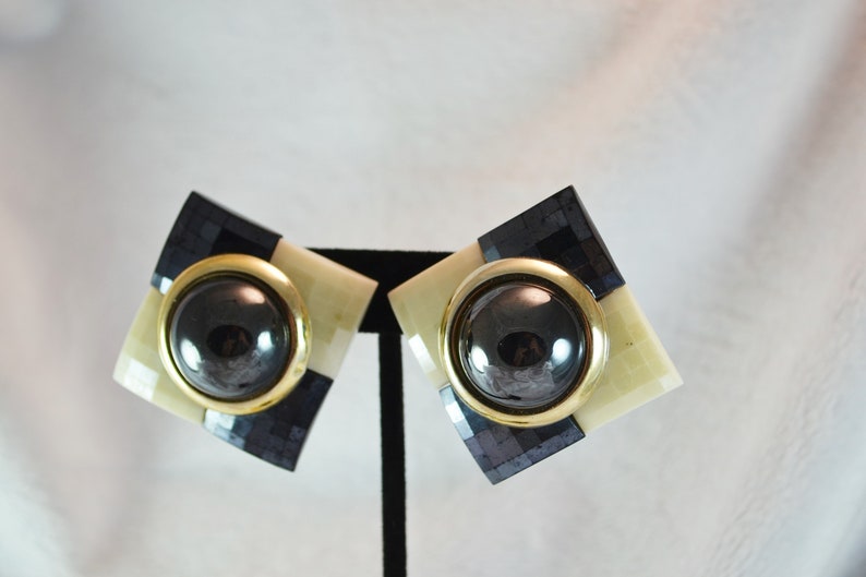 80s Plastic Clip on Earrings Checkerboard Squares of Cream and Black image 3