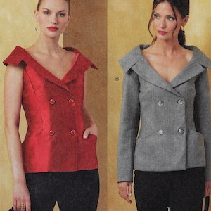 May include: Two double-breasted jackets are shown. One is a sleeveless red jacket with a wide collar and two pockets. The other is a long-sleeved gray jacket with a wide collar and two pockets. Both jackets have a V-neckline and are buttoned.