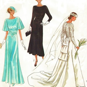 Puede incluir: Tres ilustraciones vintage de mujeres con diferentes vestidos. La primera mujer lleva un vestido de novia blanco con un velo largo y un ramo de flores blancas. La segunda mujer lleva un vestido negro con cuello de barco y mangas largas. La tercera mujer lleva un vestido azul claro con una manga tipo capa y una faja.