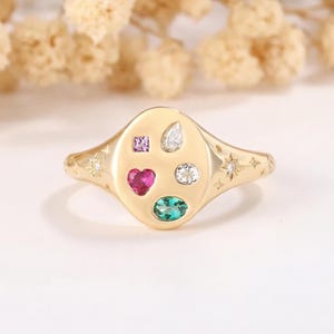 Anillo de sello con piedra de nacimiento familiar personalizado, anillo de aguamarina personalizado con cinco piedras, banda grabada con destellos de estrella, anillo con piedras de nacimiento mixtas, regalo de Navidad