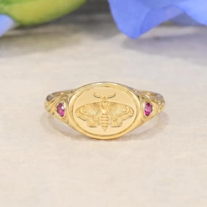 Gothic Lunar Moth Ruby Signet Ring Custom Birthstone Ring Personalized Engraved Moth Ring Statement Ring For Her Insect Lover Jewelry