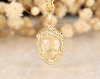 Vintage Rutilated Quartz Shield Locket Necklace Two Sided Openable Gold Pendant Armor Crest Personalized Charm Necklace Gift for Women