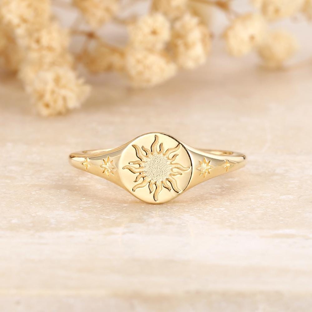 Unique Sunburst Engraved Signet Ring Solid Gold Sandblasted Ring Celestial Starburst Statement Pinky Ring Sunlight Ring Handmade Jewelry