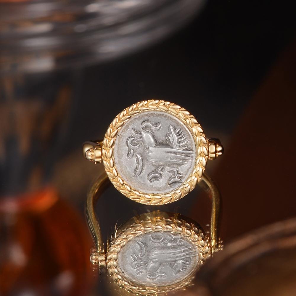 Ancient Coin Spinner Signet Ring Reversible Owl Bird Two Sides Twisted Rope Laurel Wreath Roman Gree