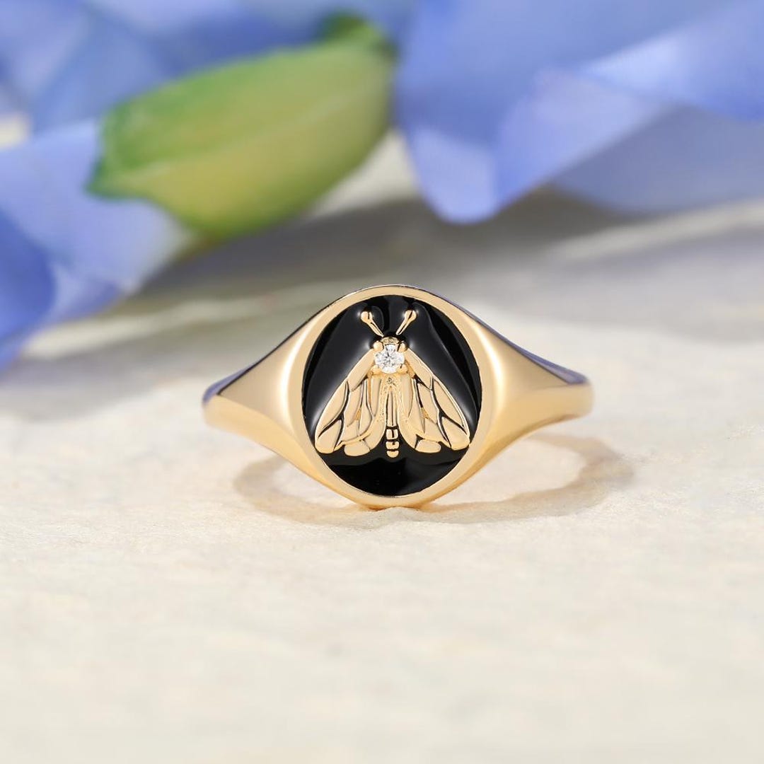 Signet Insect Gothic Moth Moissanite Signet Ring Solid Gold Ring Black Enamel Nature ...