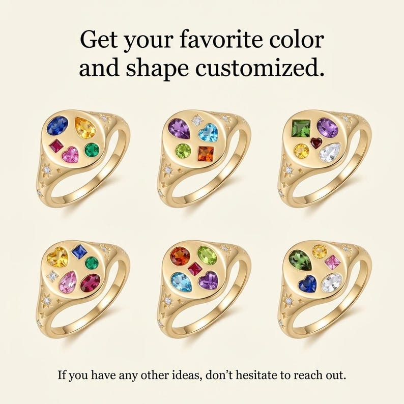 Custom Multi Birthstone Oval Signet Ring Personalized Five Stones Ring ...