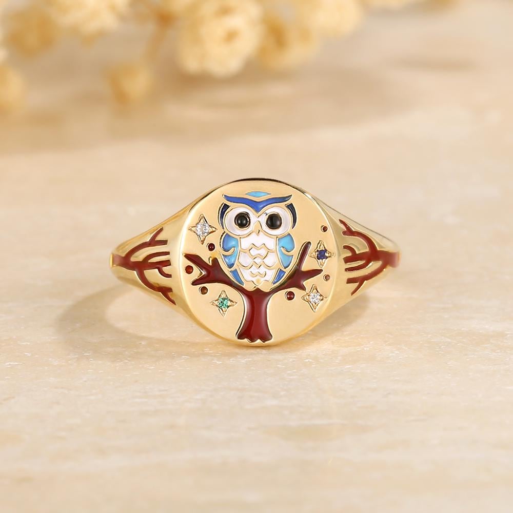 Engraved Wise Bird Owl Round Shape Signet Ring Family Birthstone Unique Hand Painted Enamel Branch T