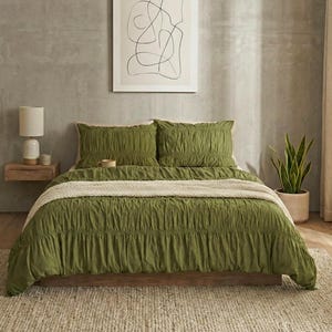 Olive Green Wrinkle Cotton Duvet Cover Set - 100% Cotton , Textured Cotton Bedding Set, Boho King Queen Full Duvet Cover, Cozy bedding Dorm