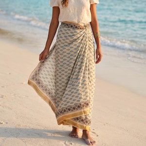 Hand Block Print Cotton Sarong – Beige & Blue Beach Wrap with Traditional Border, Lightweight Boho Swim Cover Up, Handmade Resort Wear