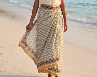 Hand Block Print Cotton Sarong – Beige & Blue Beach Wrap with Traditional Border, Lightweight Boho Swim Cover Up, Handmade Resort Wear