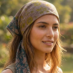 Pode incluir: Um lenço de cabeça com um padrão floral em tons de castanho, amarelo e verde-azulado. A cobertura da cabeça é amarrada na parte de trás da cabeça, com as pontas penduradas. O lenço é feito de um tecido macio e leve.