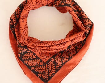 Hand Block Printed Cotton Bandana - Rust Orange Paisley Floral Scarf