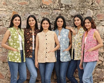 Handmade Quilted Block Print Jackets for Women | Sleeveless Cotton Vests | Reversible Boho Waistcoats | Indian Floral Print Jackets
