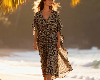 Boho Cotton Kaftan Dress for Women, Black Natural Geometric Print, Relaxed Fit Summer Beach Resort Lightweight Cotton Kaftan Dress for Women