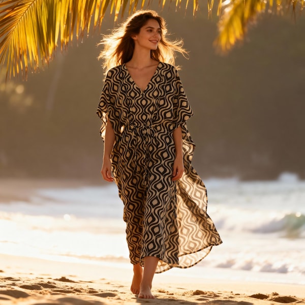 Boho katoenen kaftanjurk voor dames, zwarte natuurlijke geometrische print, relaxte pasvorm zomerstrandresort lichtgewicht katoenen kaftanjurk voor dames