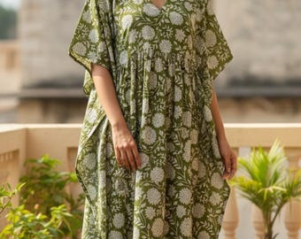 Floral Cotton Kaftan Maxi Dress Boho Caftan Women Loose Fit Summer Resort Wear Beach Cover Up Lounge Dress Vacation Outfit Style Gift Newly