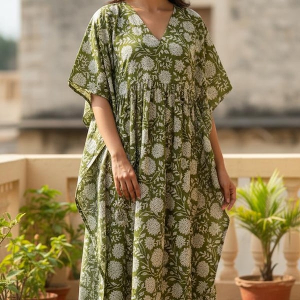 Bloemen katoenen kaftan maxi-jurk boho kaftan vrouwen losse pasvorm zomer resort dragen strand cover-up lounge jurk vakantie outfit stijl cadeau nieuw