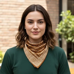 Op de afbeelding: Een vrouw draagt een bruin en wit bandana-sjaal met patroon. De sjaal heeft een geometrisch ontwerp. Ze draagt een donkergroene top. De achtergrond omvat een bakstenen muur en groen.