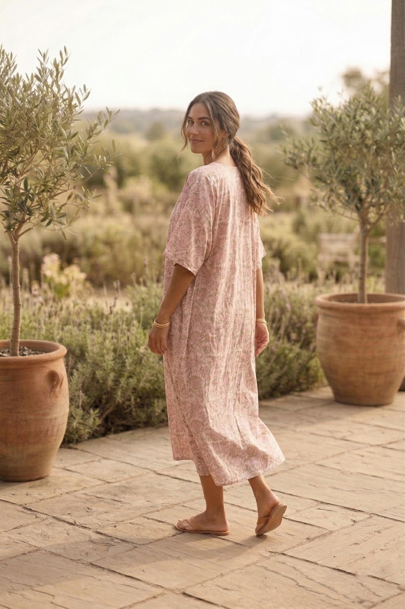 Cotton Kaftan Dress for Women, Hand Block Print Cotton Dress , Relaxed Fit Summer Beach Resort V-Neck Summer Caftan Women image 2