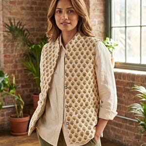 May include: A woman wearing a cream-colored quilted vest with a yellow floral pattern over a light-colored button-down shirt and olive green pants. The vest has a mandarin collar and is buttoned up. The background includes a brick wall and potted plants.
