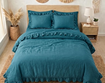 Blauwgroen gegolfd dekbedovertrek, linnen beddengoedset, boerderij boho beddengoed, zachte, gezellige sprei met kussenslopen