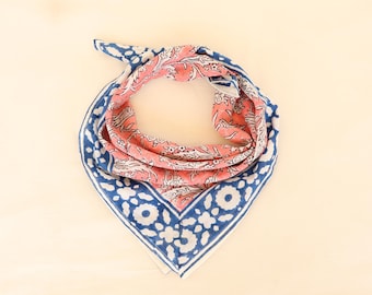 Hand Block Printed Cotton Bandana: Pink Floral, Blue Border