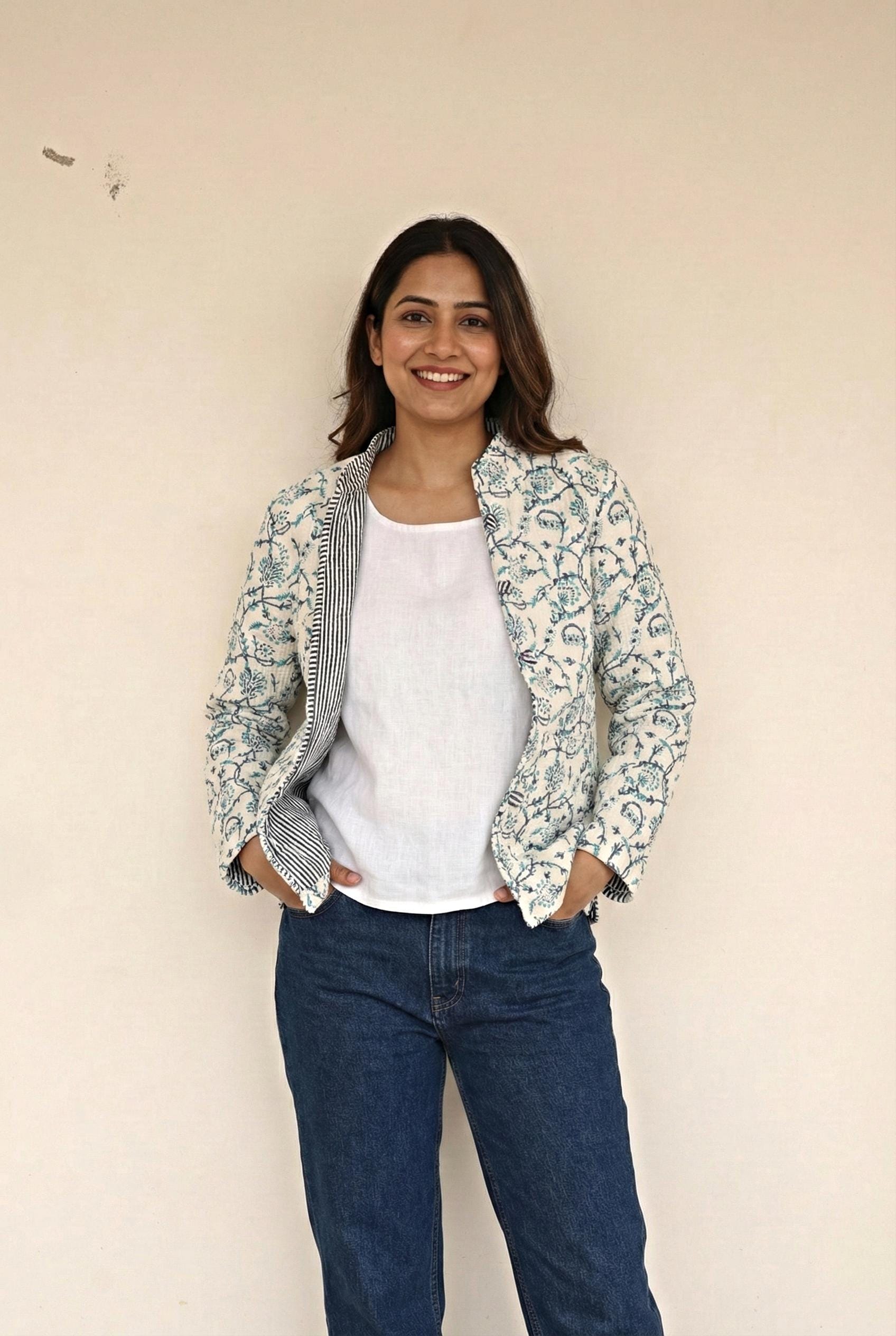 Blue Hand Block Printed Quilted Jacket - Reversible Cotton Long Sleeve Coat for Women, Lightweight Boho Winter Jacket, Handmade Clothing
