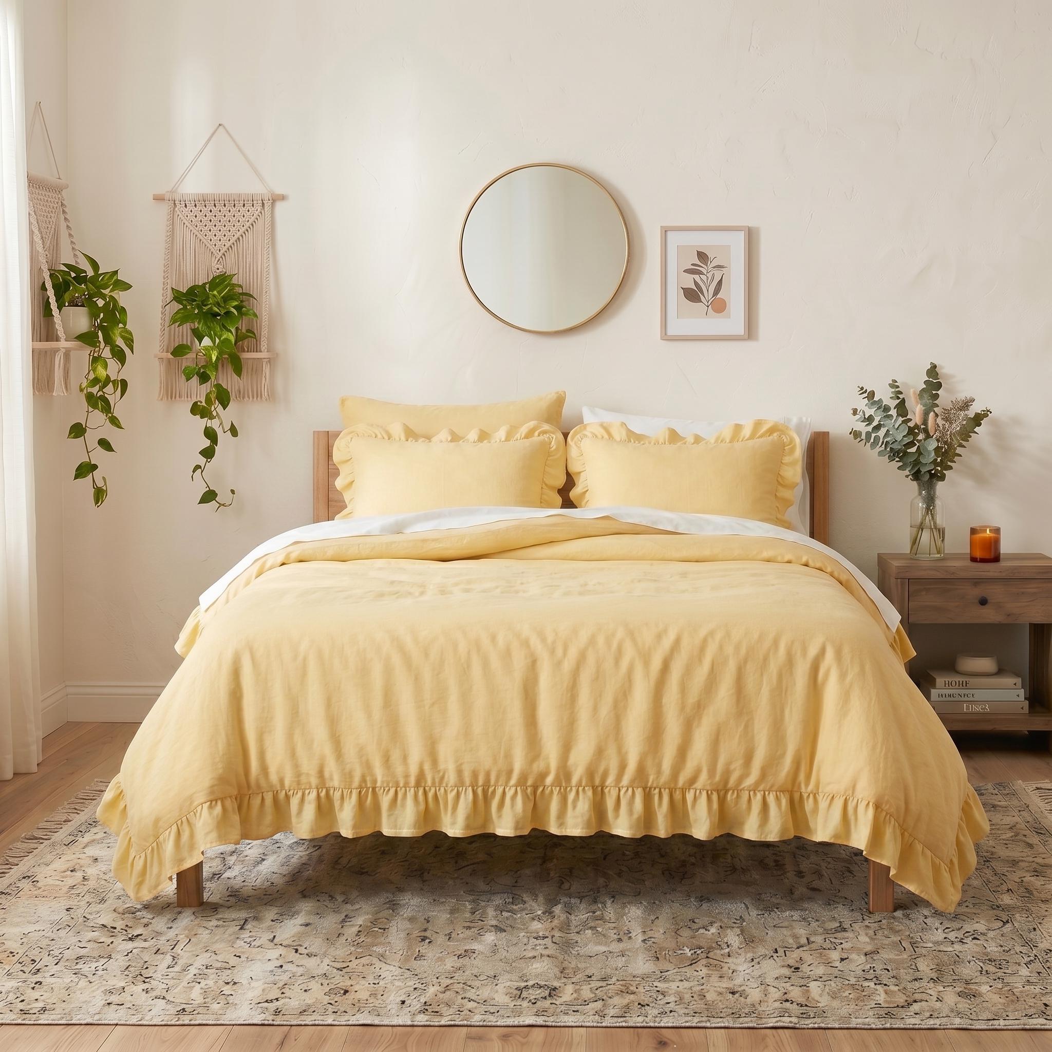 Butter Gelb Leinen Bettwäsche Set mit Rüschen | Weiches gewaschenes Leinen Bettwäsche | Cottagecore Schlafzimmer Dekor, König Bettbezug mit Kissenbezügen