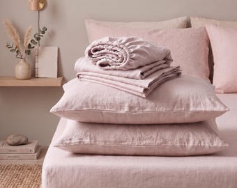 Rosa linnelakanset, 4-delat sängkläderset, Dra-på-lakan/Örngott i mjukt rosa tvättat linne, Bäddset med queen size-säng