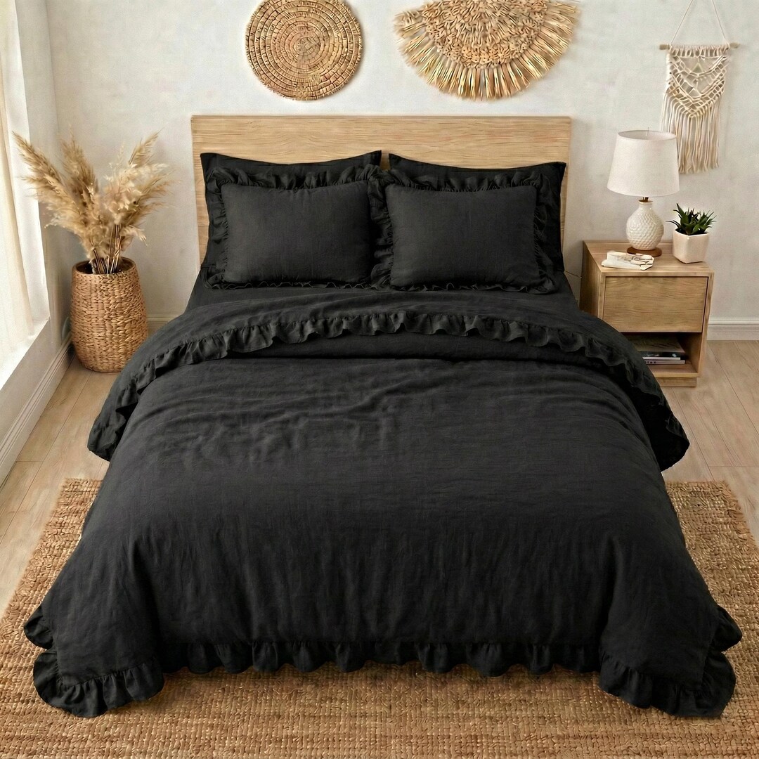 Black Ruffle Duvet Cover Set – Soft Washed Cotton Bedding With Frill ...
