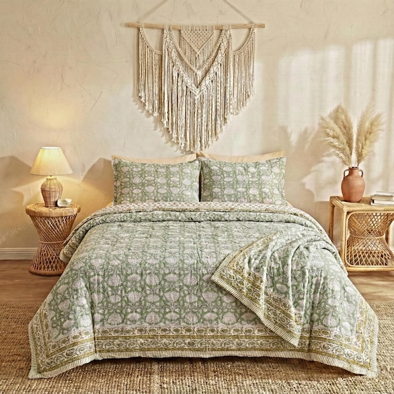 Sage Green Floral Block Print Duvet Cover | Handcrafted Indian Cotton Boho Bedding | Reversible Duvet Cover | Bohemian Style