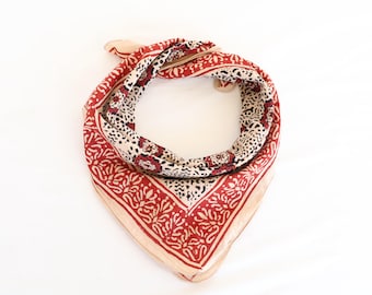 Handblock Printed Cotton Bandana – Red & Beige Boho Floral Square Scarf, Vintage-Style Floral Scarf – Lightweight Square Head WrapHeadband