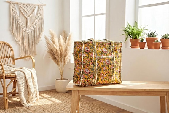 Mustard Floral Block Print Tote Bag – Quilted Cotton Boho Carryall | Large Floral Cotton Market & Shopping Bag | Artisan Floral Quilted Tote