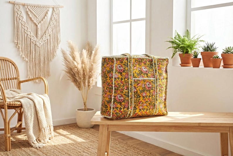 Op de afbeelding: Een grote, rechthoekige draagtas met een geel bloemenpatroon, rustend op een houten bank. De tas heeft een zak en witte rand. Een macram&eacute; wandkleed en potplanten staan op de achtergrond.